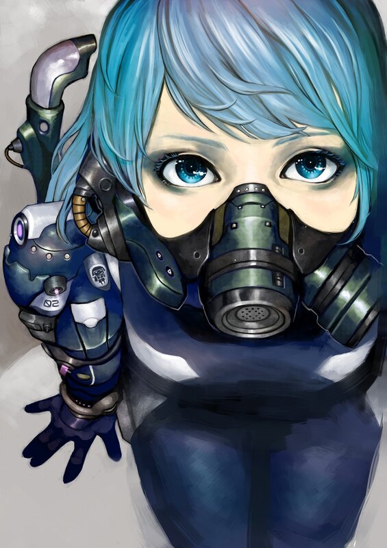 blue-haired girl in gas mask