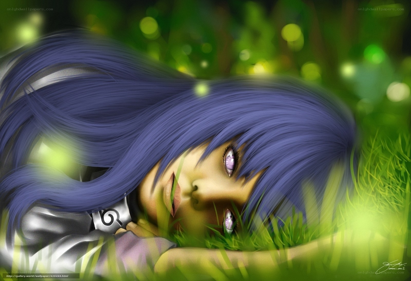blue-haired girl in grass