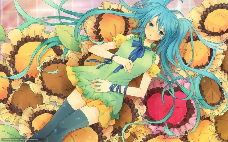 blue-haired girl in green dress