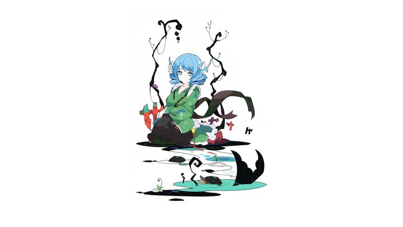 Blue-haired Girl in Green Kimono