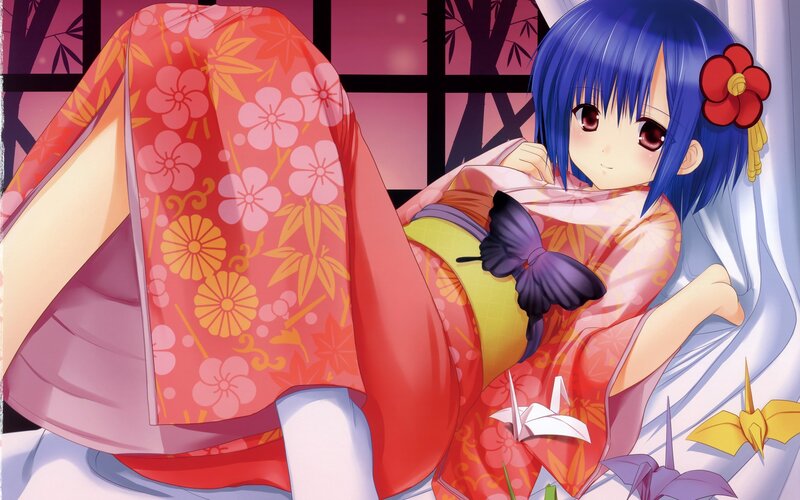 blue-haired girl in kimono