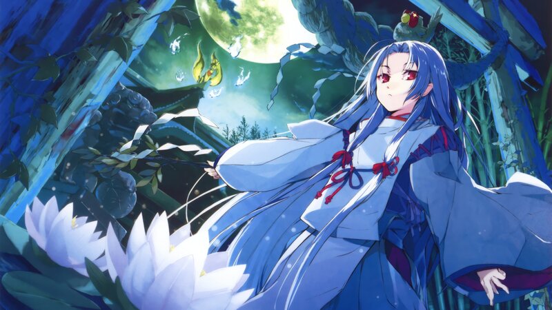 Blue-haired Girl in Kimono — Blue, Serene, Night, Anime