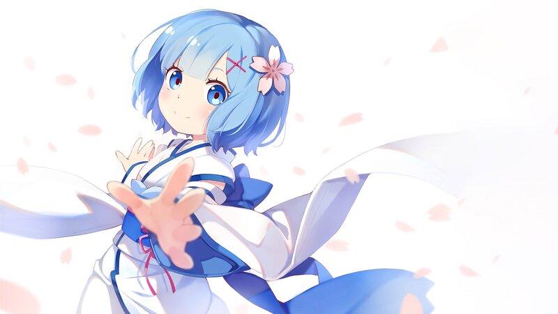 Blue-haired Girl in Kimono — Blue, Serene, Spring, Anime, Cherry Blossoms