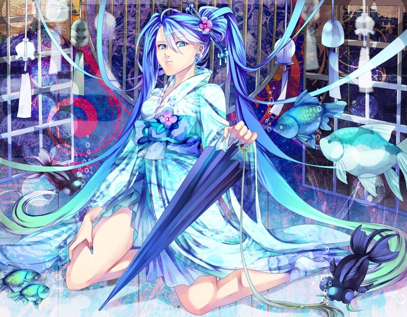 Blue-haired Girl in Kimono — Blue, Serene