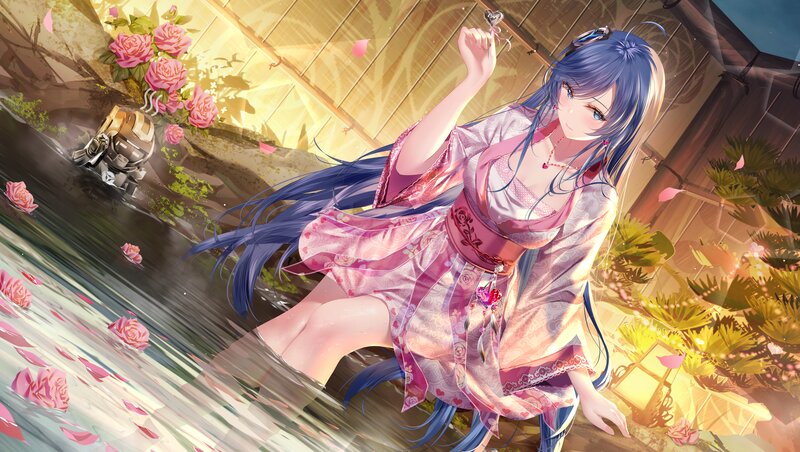 Blue-haired Girl in Kimono — Pink, Serene, Afternoon