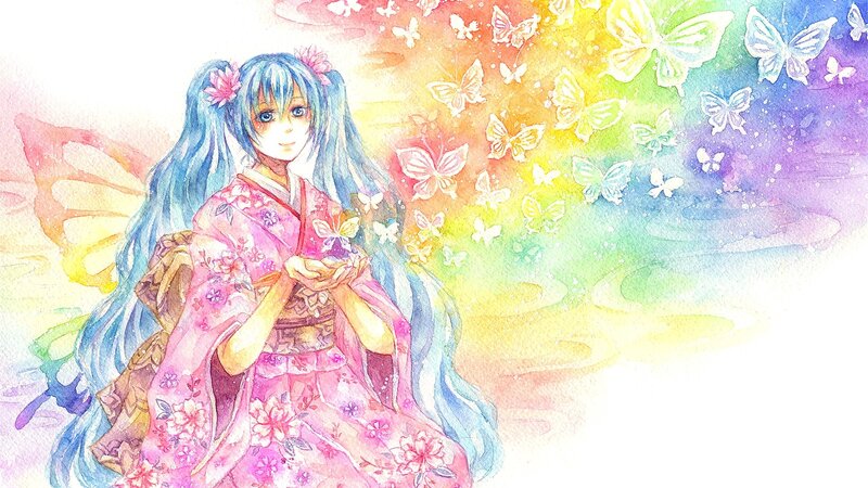 Blue-haired Girl in Kimono — Pink, Serene, Digital Art