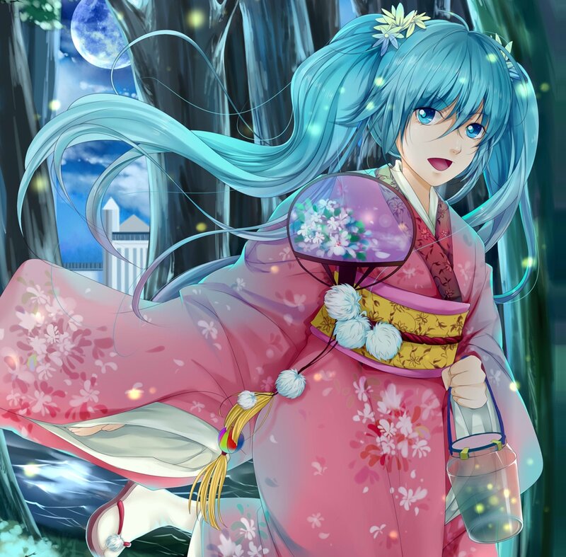 Blue-haired Girl in Kimono — Pink
