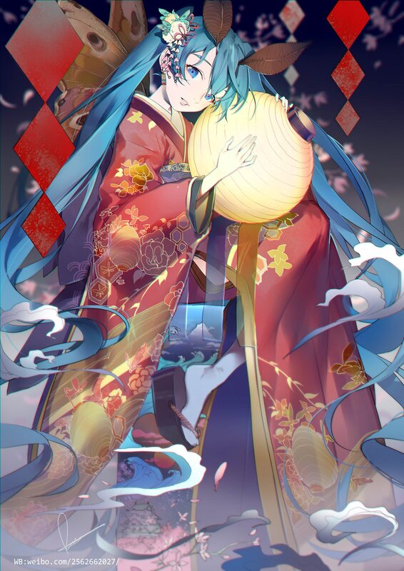 Blue-haired Girl in Kimono — Red, Dramatic, Night