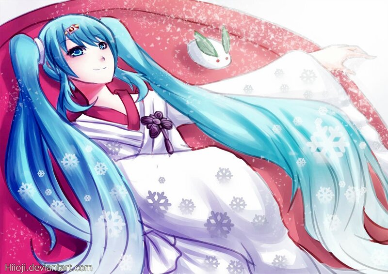 Blue-haired Girl in Kimono — White