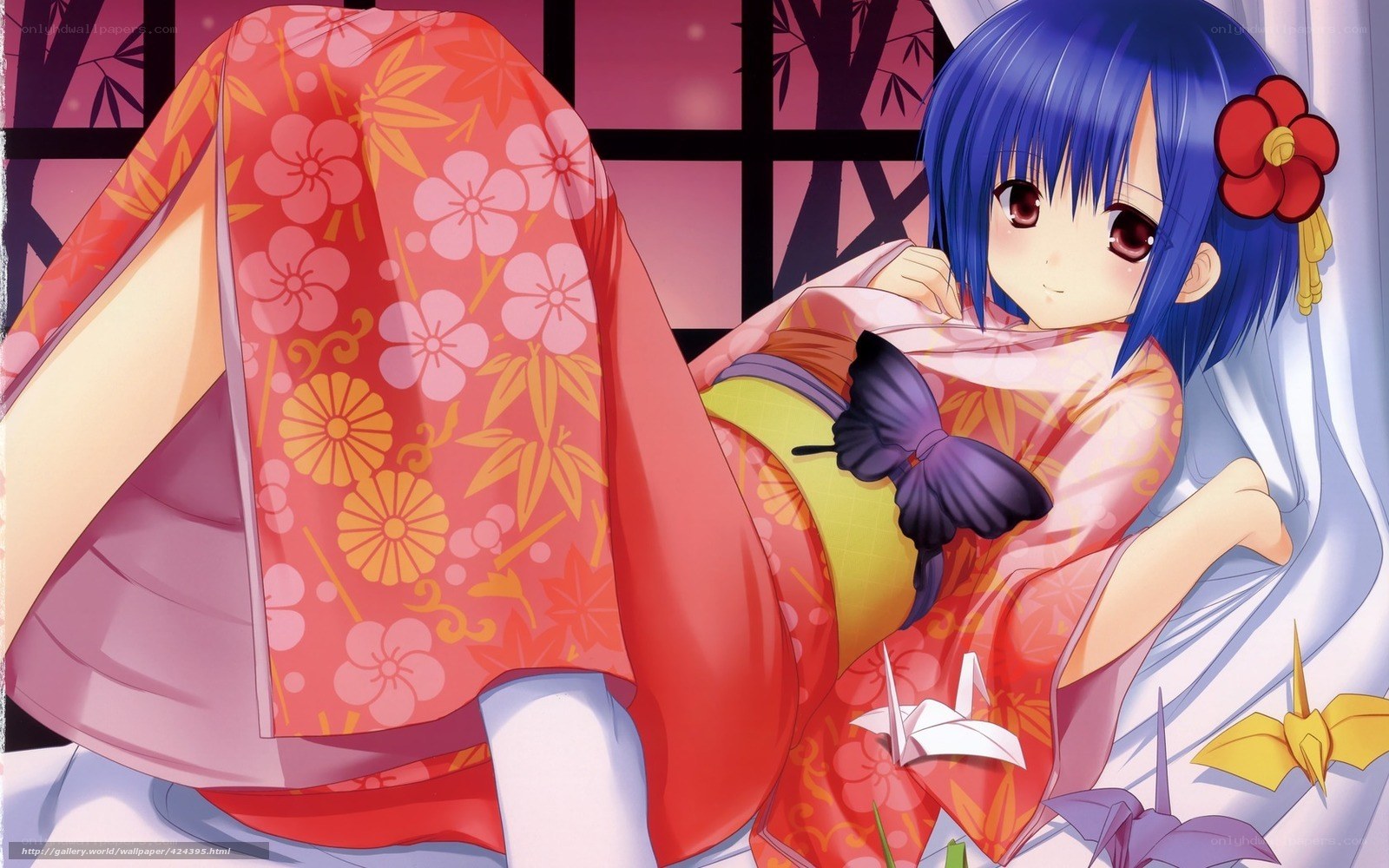 blue-haired girl in kimono