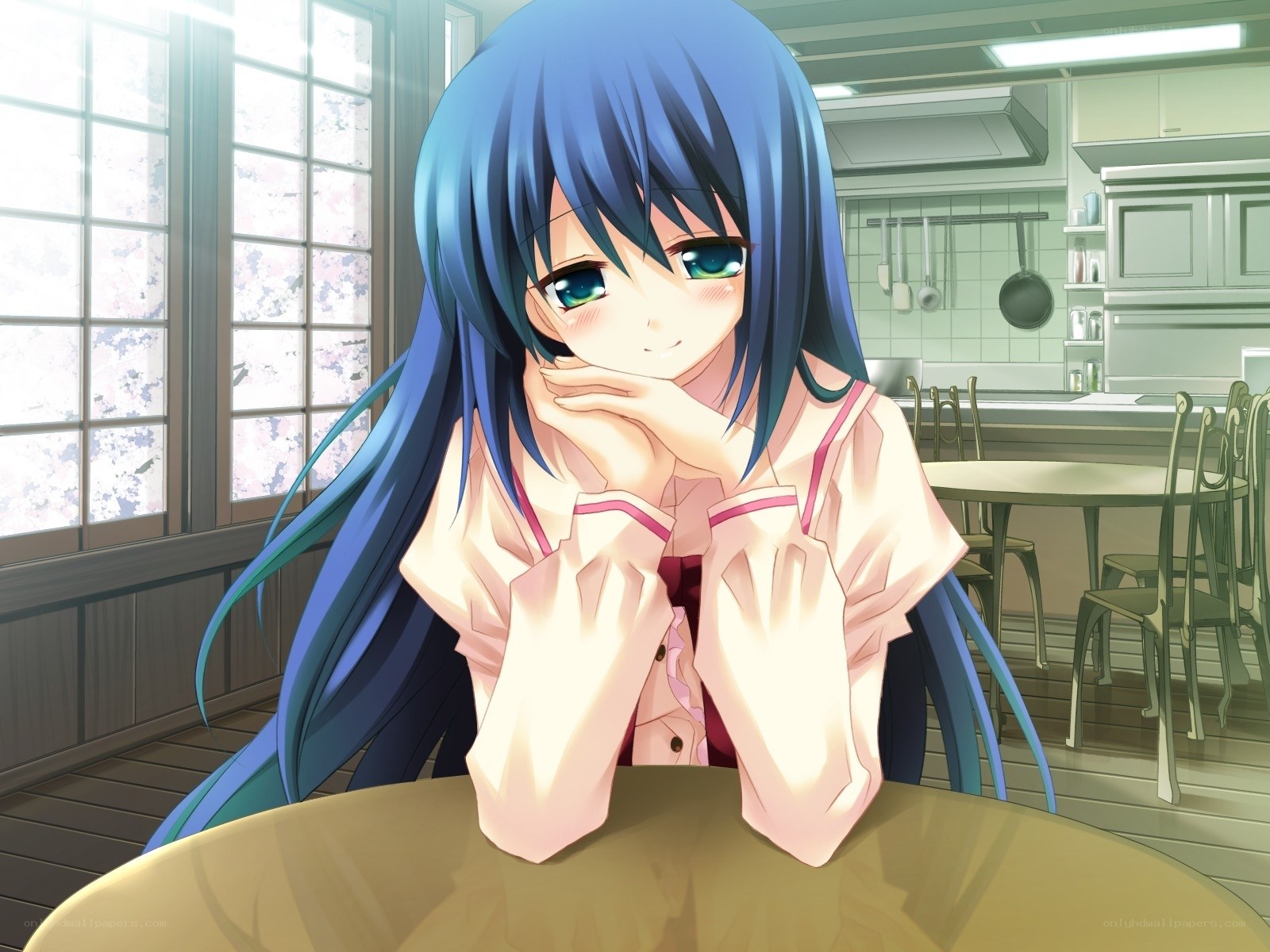 blue-haired girl in kitchen