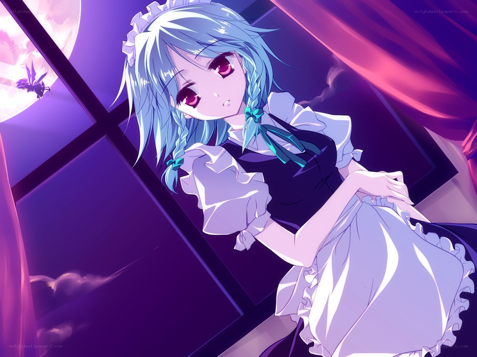 blue-haired girl in maid outfit