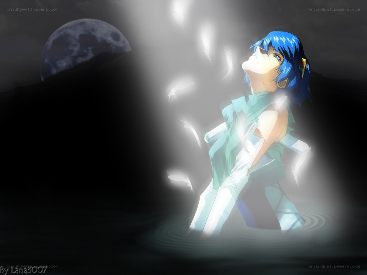 blue-haired girl in moonlight