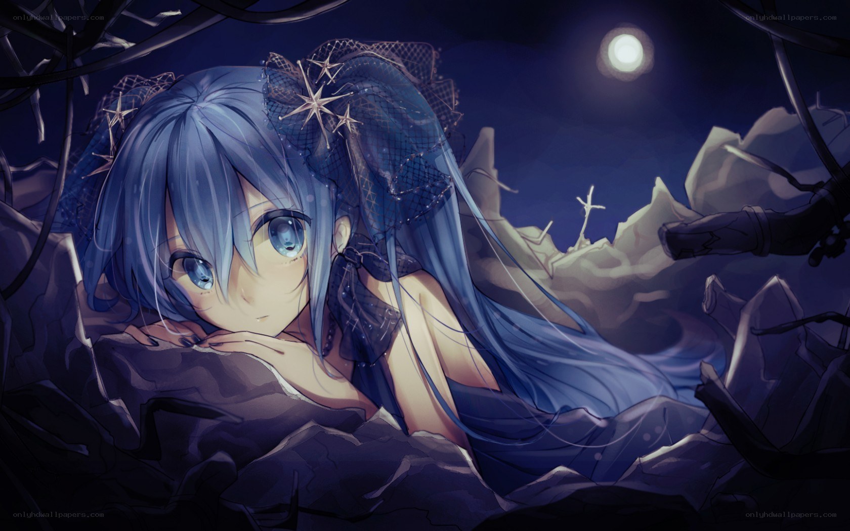 Blue-haired girl in moonlight