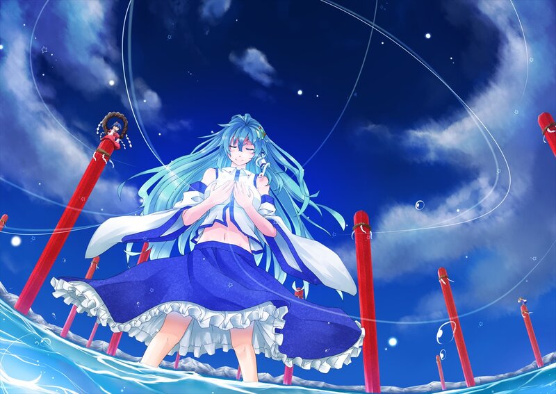 blue-haired girl in night sky