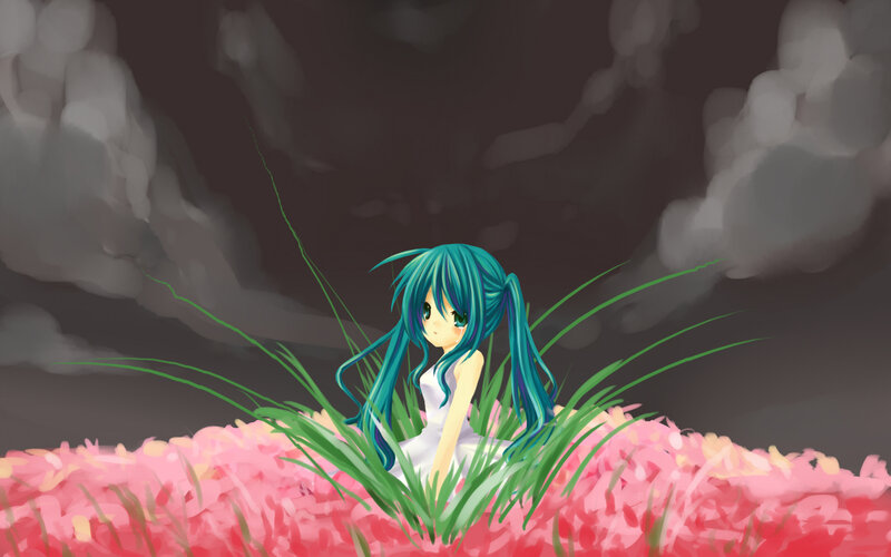 blue-haired girl in pink flowers