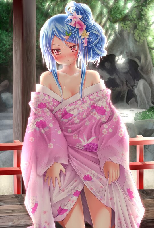 Blue-haired girl in pink kimono