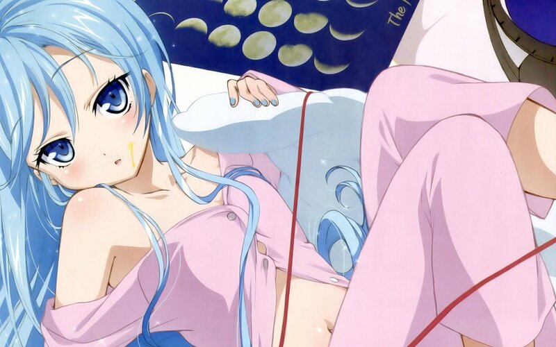 blue-haired girl in pink pajamas