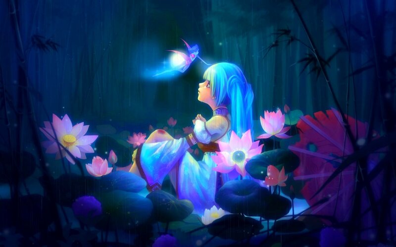 Blue-haired Girl in Pond — Blue, Serene, Night, Digital Art