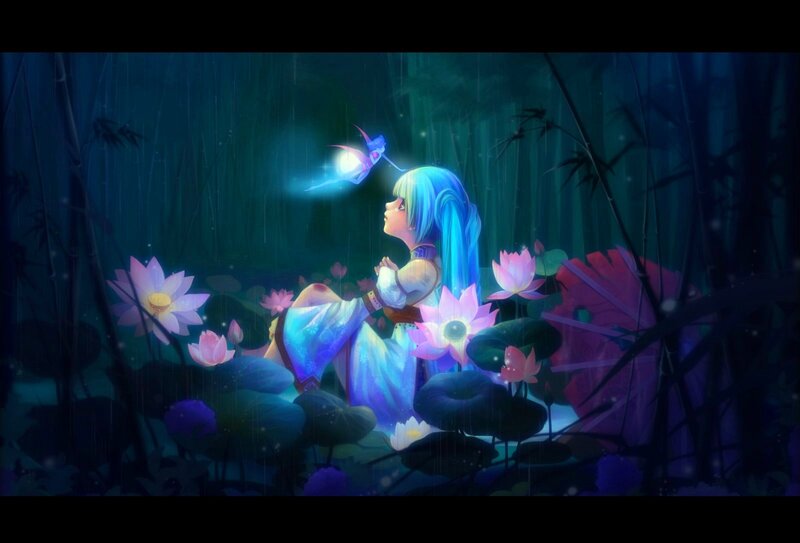Blue-haired Girl in Pond — Blue, Serene
