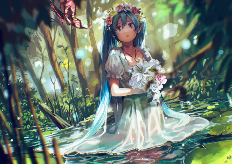 Blue-haired Girl in Pond — Green