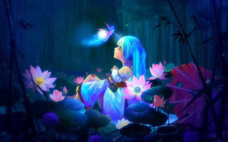 Blue-haired Girl in Pond