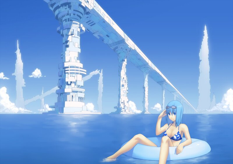 Blue-haired Girl in Pool — Blue