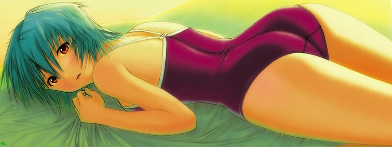 blue-haired girl in purple swimsuit