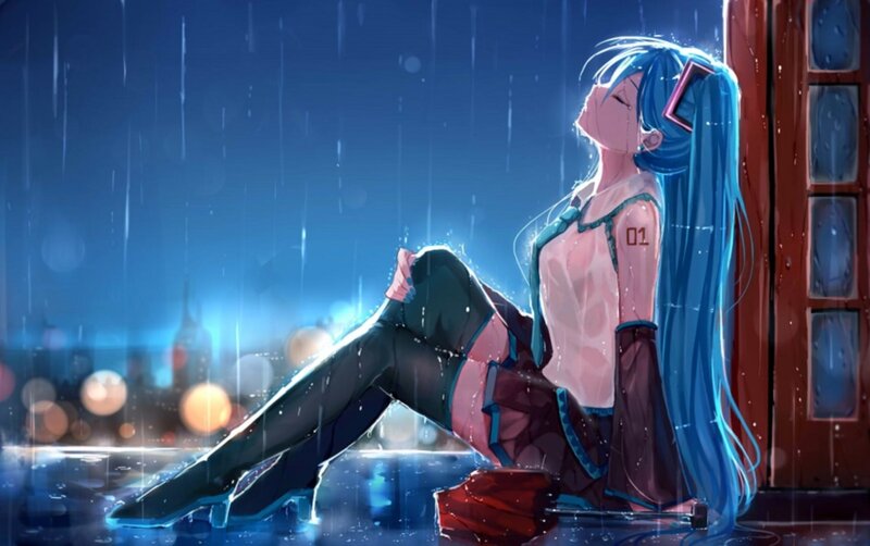 Blue-haired Girl in Rain — Blue, Melancholic, Night, Digital Art