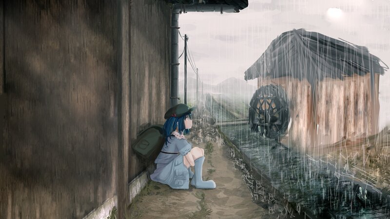 Blue-haired Girl in Rain — Gray, Melancholic
