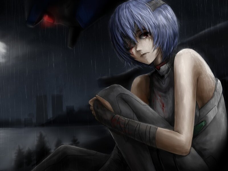 Blue-haired Girl in Rain — Gray