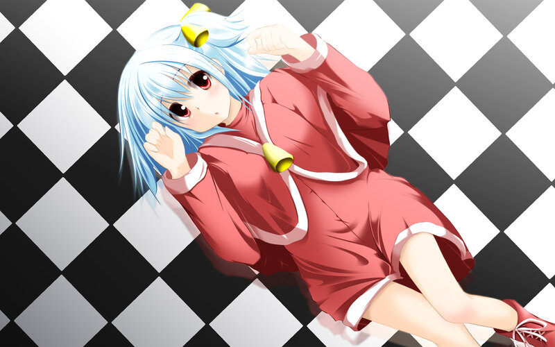 blue-haired girl in red dress