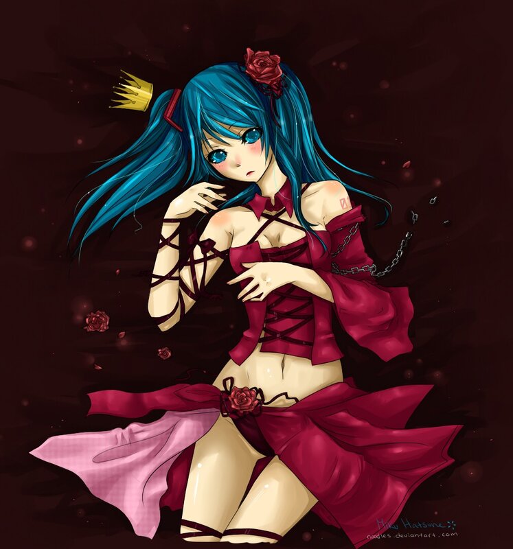 blue-haired girl in red dress