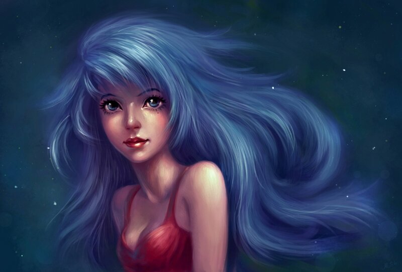 Blue-haired Girl in Red Dress — Blue, Dreamy