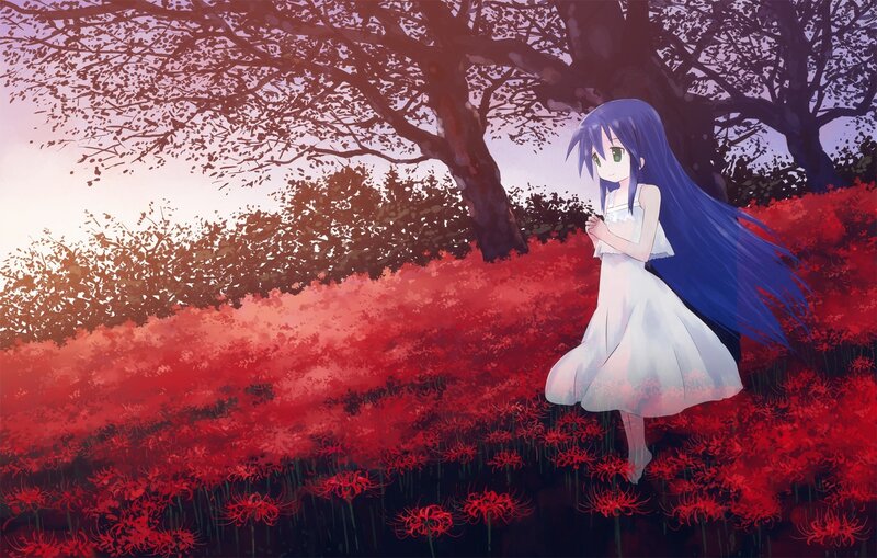 blue-haired girl in red flowers