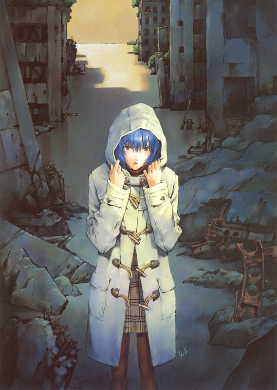 Blue-haired girl in ruined city