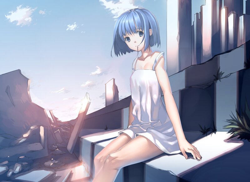 Blue-haired girl in ruins