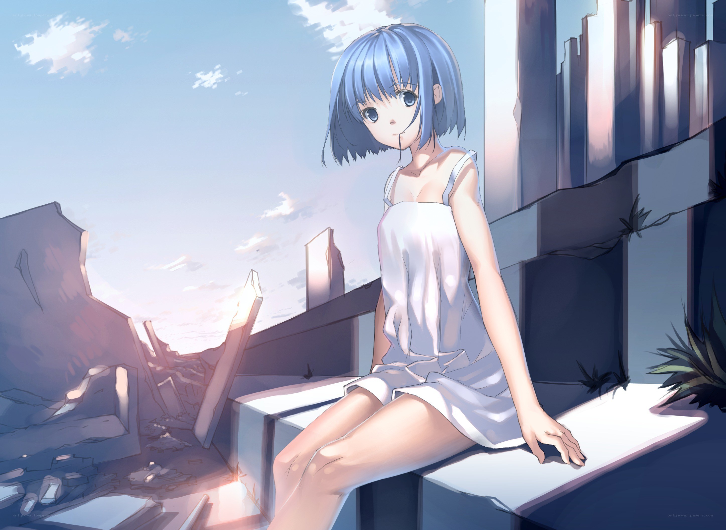 Blue-haired girl in ruins