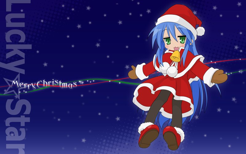 Blue-haired Girl in Santa Suit — Blue, Festive, Night
