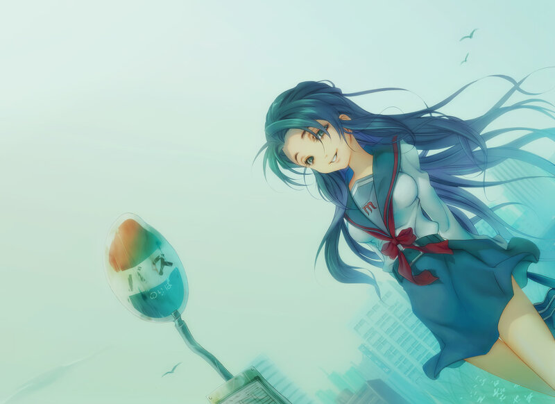 blue-haired girl in school uniform