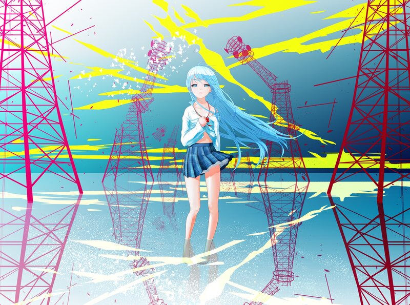 Blue-haired Girl in School Uniform — Blue, Dramatic, Anime, Towers