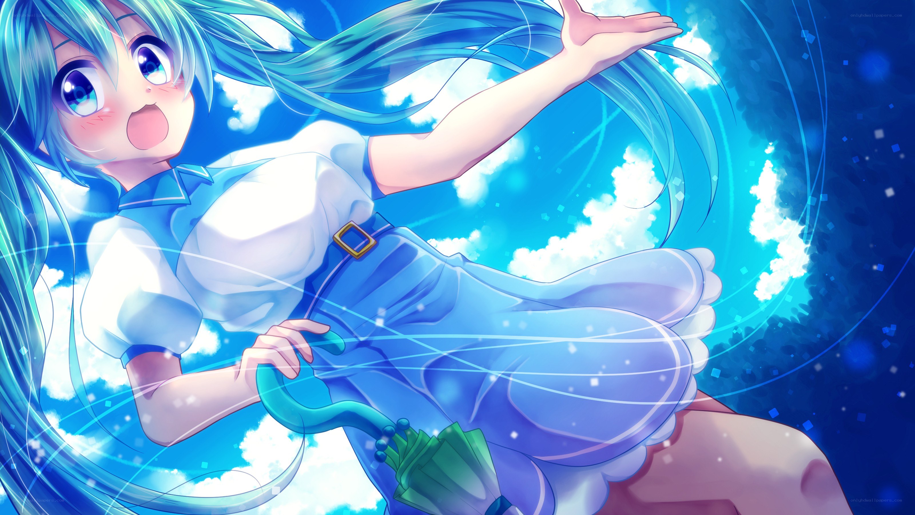 blue-haired girl in sky