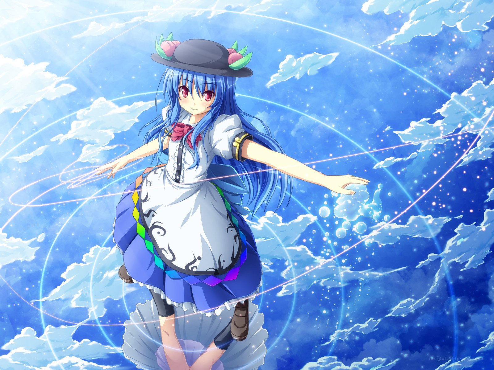 blue-haired girl in sky