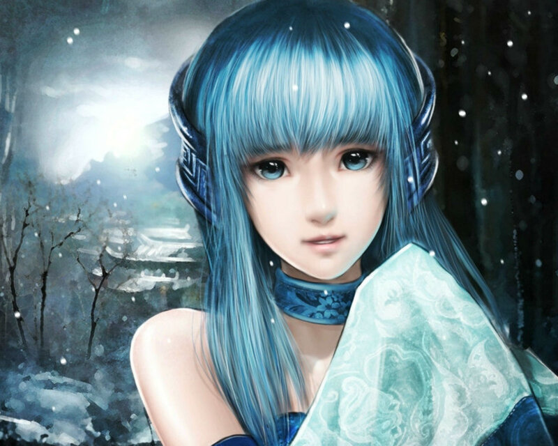 Blue-haired Girl in Snow — Blue, Serene, Night, Digital Art