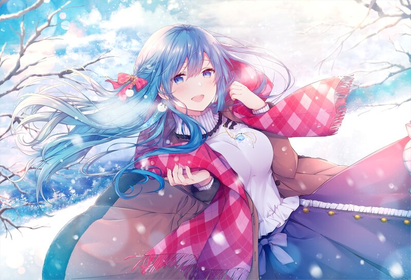 Blue-haired Girl in Snow — Blue, Serene, Winter, Anime, Scarf