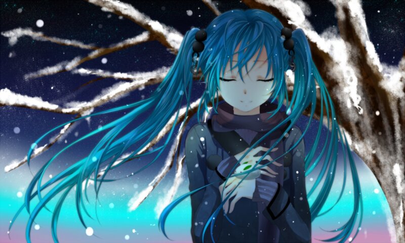 Blue-haired Girl in Snow — Blue, Serene, Winter, Digital Art, Tree Branches