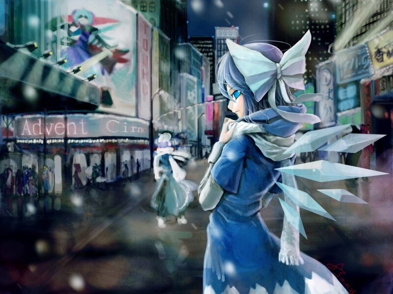 Blue-haired girl in snowy city