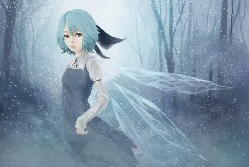 Blue-haired girl in snowy forest