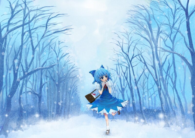 blue-haired girl in snowy forest