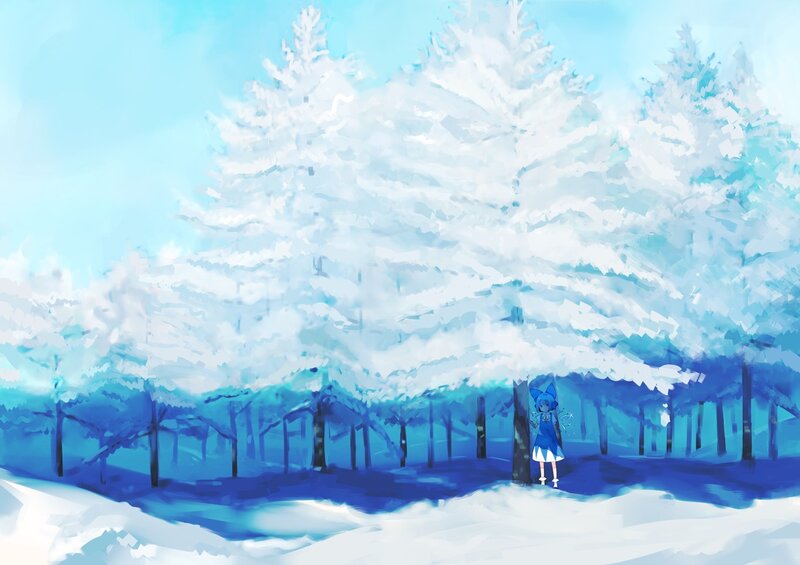 Blue-haired girl in snowy forest